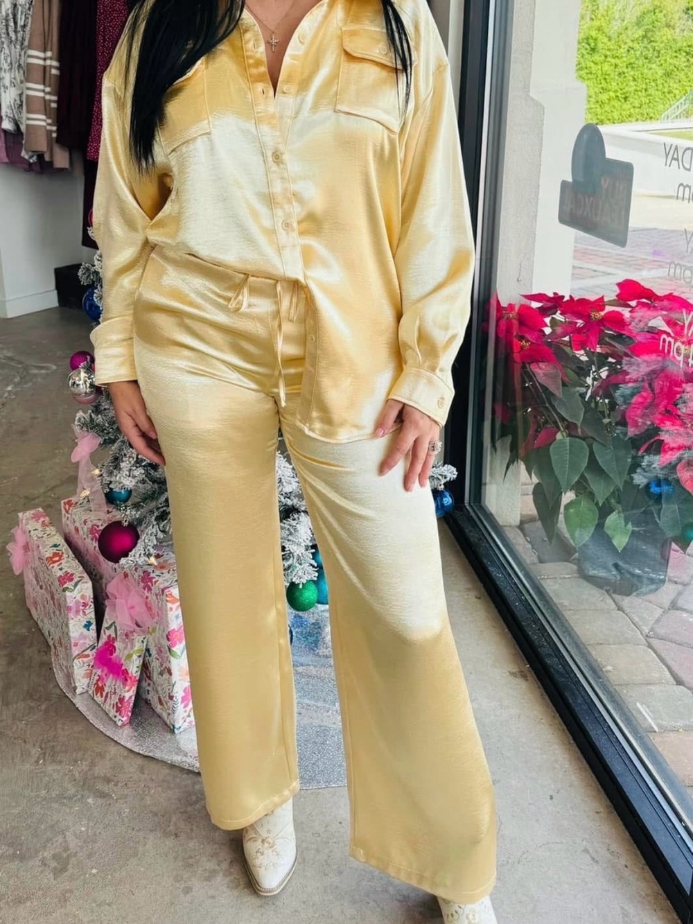 Satin Wide-Leg Lounge Pants — Pale Yellow